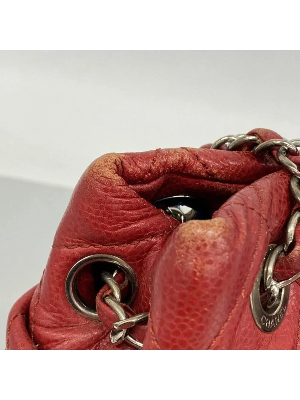 Chanel Chain Tote Quilted Caviar Leather Red Silver